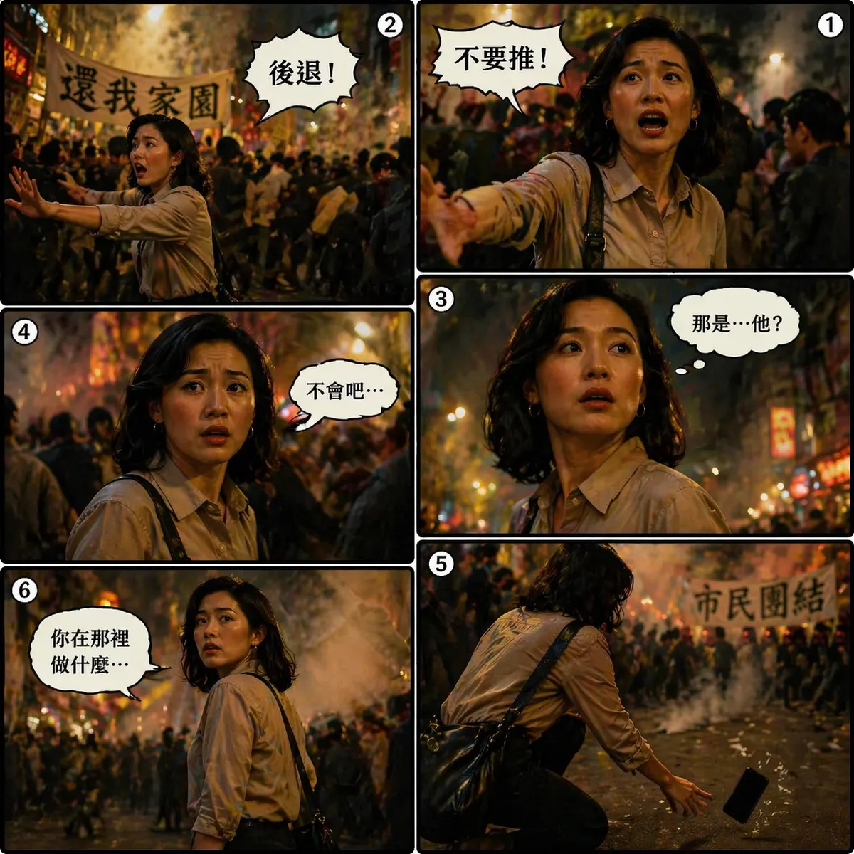 參考上傳圖片人物長相服裝,此頁只有女主角一人為主角,每張 6–9 格,右→左閱讀,人物不一定要特寫,有全身 側面 背面,提示詞人群、標語、煙霧
對白:
1️⃣「不要推!」
2️⃣「後退!」
3️⃣(她遠望)「那是…他?」
4️⃣「不會吧…」
5️⃣(手機掉落)
6️⃣「你在那裡做什麼…」