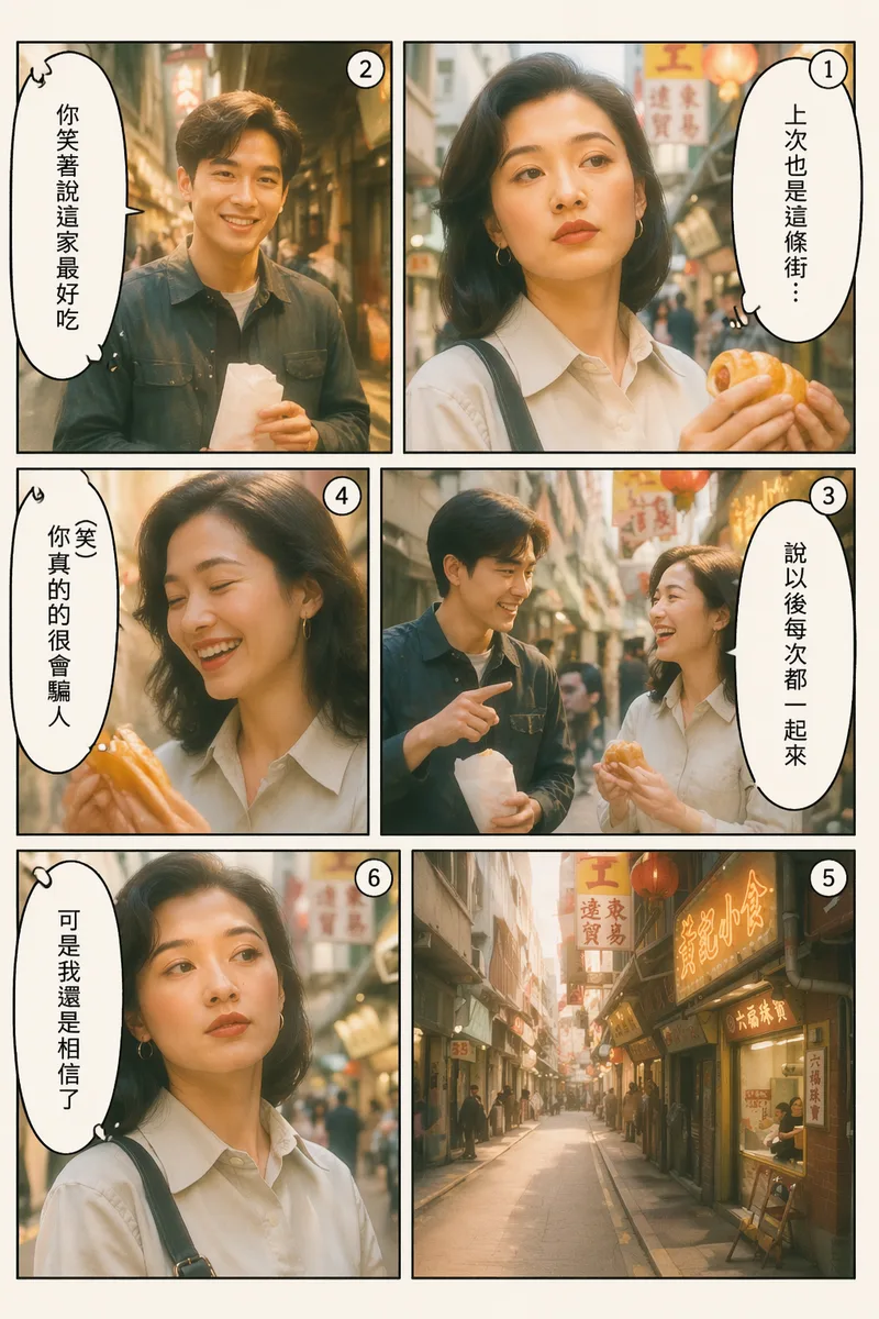 參考上傳圖片給我真人漫畫第一頁,提示詞如柔光、回憶濾鏡
對白:
1️⃣「上次也是這條街…」
2️⃣「你笑著說這家最好吃」
3️⃣「說以後每次都一起來」
4️⃣(笑)「你真的很會騙人」
5️⃣(空景)
6️⃣「可是我還是相信了」
,真人漫畫6–9格,右至左閱讀