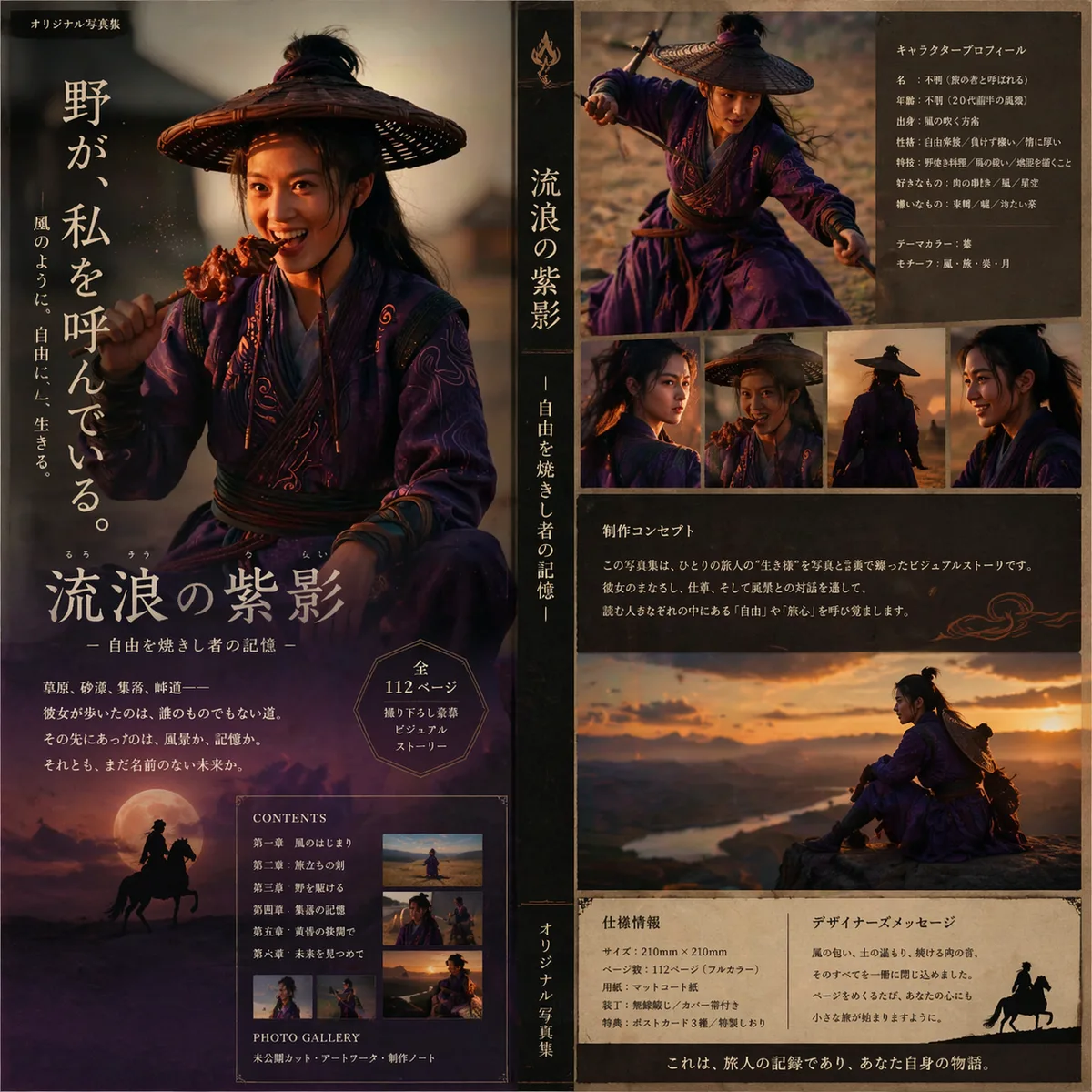 このキャラクターで、プロデザイナーが手掛けた写真集を作ってください。情報量多め。言語は日本語。
実在のブランドロゴ・会社名・人名等は一切使用せず、完全オリジナルにする。最終仕上げ時に実在のものが含まれていないか確認すること。