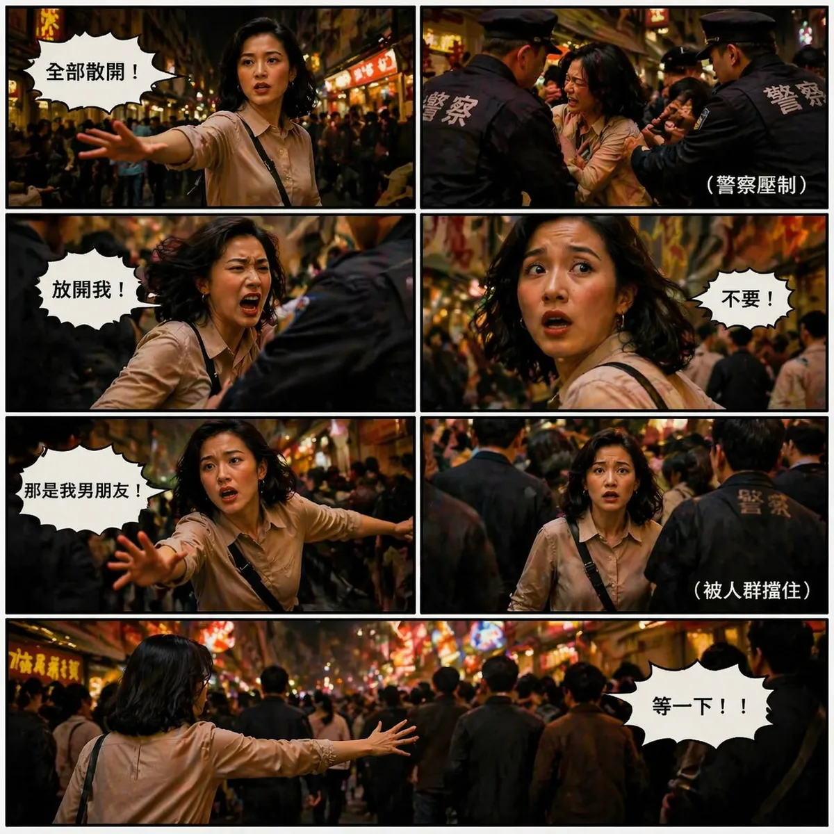 參考上傳圖片人物長相服裝,此頁只有女主角一人為主角,每張 6–9 格,由右→左閱讀,順序由上到下,人物不一定要特寫,有全身 側面 背面,提示詞(衝突)
對白:
1️⃣「全部散開!」
2️⃣(警察壓制)
3️⃣「放開我!」
4️⃣(她驚恐)「不要!」
5️⃣「那是我男朋友!」
6️⃣(被人群擋住)
7️⃣「等一下!!」