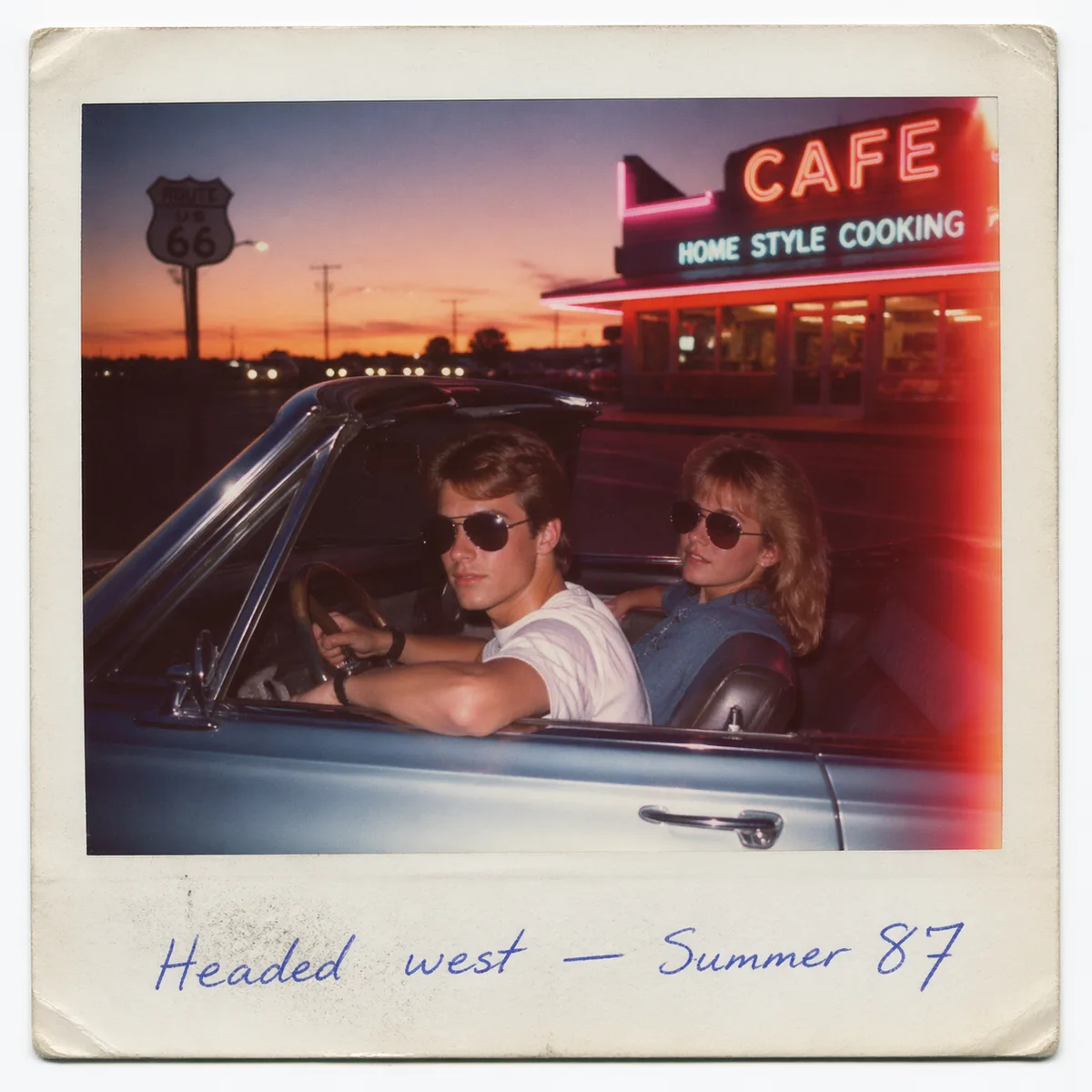A hyperreal 1980s Americana Polaroid photograph, authentic white Polaroid frame with a wider bottom border, candid everyday scene, dated film color palette with slight red cast and cyan highlights, visible film grain, a gentle light leak on one edge, soft on-camera flash, handwritten caption in blue ballpoint pen on the bottom border, slight dog-ears and fingerprint wear, analog imperfection, deeply nostalgic. Two teenagers in a convertible on Route 66 at sunset, neon diner sign in the background, caption 'Headed west — Summer 87'.