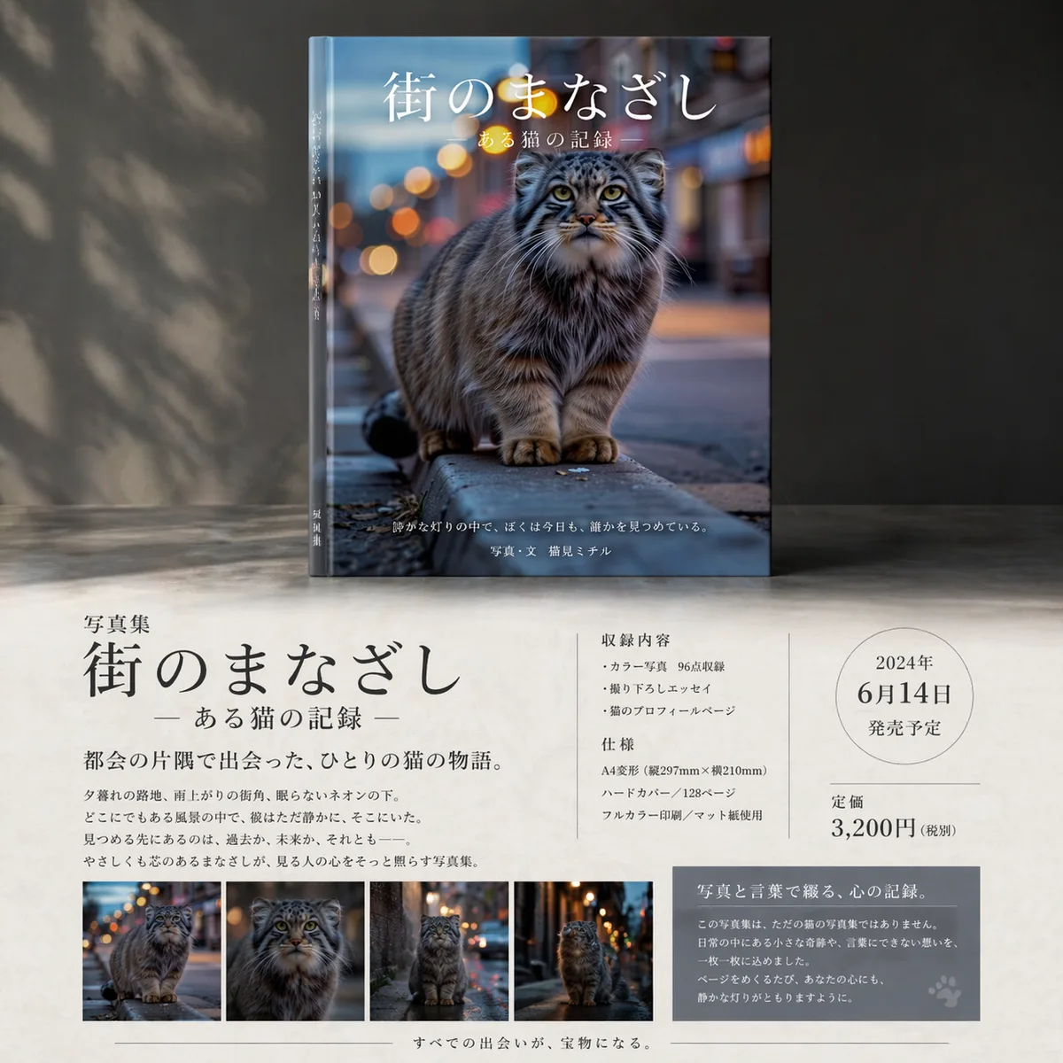 このキャラクターを使用して、プロのデザイナーが手掛けた写真集として制作してください。
全体構成は「一枚のポスター」のようなデザインとする。
上部には、一冊の完成した書籍が垂直に立てられた状態で、正面視点から見えるように配置すること。
書籍は水平に寝かせず、表紙がしっかり見えるように立てた状態で、実在感のある物体として描写すること。
下部には、その写真集の紹介テキストをレイアウトし、デザイン性と読みやすさを両立させること。
全体として情報量は多めにし、雑誌・アートブックのような完成度の高い構成にすること。
言語は日本語。
実在のブランドロゴ・会社名・人名などは一切使用せず、完全オリジナルとすること。
最終仕上げ時に、実在の要素が含まれていないか必ず確認すること。