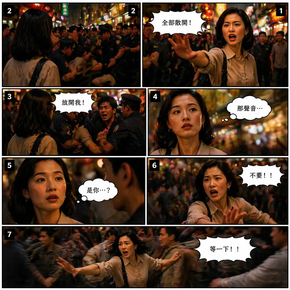 參考上傳圖片人物長相服裝,此頁只有女主角一人為主角,每張 6–9 格,由右→左閱讀,順序由上到下,要有順序編號在上方,人物不一定要特寫,有全身 側面 背面,提示詞重點:讓她「確定是男友」
對白:
1️⃣「全部散開!」
2️⃣(警察壓制人群)
3️⃣「放開我!」
4️⃣(她愣住)「那聲音…」
5️⃣(看到他的臉)「是你…?」
6️⃣「不要!!」
7️⃣(被人群推開)「等一下!!」
