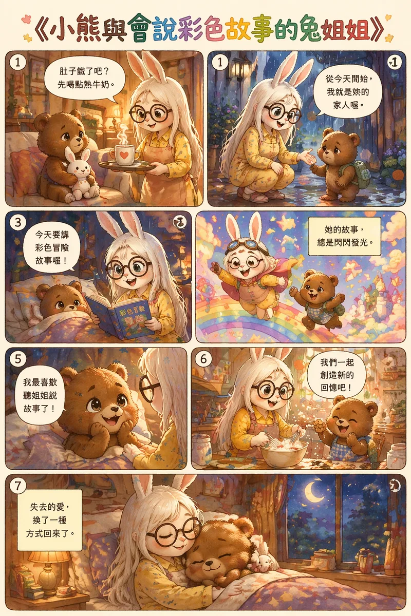 請依照「上傳圖片中的人物外觀」作為小兔姐姐角色造型參考,生成一張 溫馨可愛彩色漫畫單頁。
整體畫風
日系溫馨童話風、治癒系、柔和光線、水彩質感、柔軟線條、可愛表情。
像兒童繪本結合少女漫畫的風格,高解析度、清晰文字、完整漫畫排版。
版面設定
語言:繁體中文
格數:6–9格
單頁漫畫
右→左閱讀
每一行由右邊開始閱讀
所有對話框需清晰可讀
不要浮水印、不要錯字
角色設定
小兔姐姐
外型參考上傳圖片人物
氣質溫柔陽光、像姐姐般可靠
穿著溫暖居家服或圍裙
小熊
年紀小、毛茸茸、圓眼睛
剛失去媽媽有點難過,之後慢慢變開朗
故事主軸
小熊失去媽媽後,被善良的小兔姐姐收養。
小兔姐姐每天晚上都會講「彩色漫畫故事」給小熊聽,讓她慢慢走出悲傷,重新感受到家的溫暖。
分鏡(請畫出對話框與中文文字)
① 右上格
雨天,小熊抱著小背包站在門口很難過,小兔姐姐蹲下溫柔微笑
文字:小兔姐姐:「從今天開始,我就是妳的家人喔。」
②
小熊坐在沙發抱著兔子娃娃,小兔姐姐端熱牛奶
文字:小兔姐姐:「肚子餓了吧?先喝點熱牛奶。」
③
晚上,小兔姐姐拿著彩色故事書,小熊躲在被窩露出眼睛
文字:小兔姐姐:「今天要講彩色冒險故事喔!」
④
想像畫面:故事裡的小熊和小兔在彩虹天空冒險,充滿星星與糖果雲
文字:旁白:「她的故事,總是閃閃發光。」
⑤
小熊第一次露出笑容看著小兔姐姐
文字:小熊:「我最喜歡聽姐姐說故事了!」
⑥
兩人一起在廚房做餅乾,麵粉飛舞、氣氛歡樂
文字:小兔姐姐:「我們一起創造新的回憶吧!」
⑦ 結尾大格
夜晚,小熊安心睡著抱著小兔姐姐,窗外月光溫暖
文字:旁白:「失去的愛,換了一種方式回來了。」
標題(頁面最上方大字)
《小熊與會說彩色故事的兔姐姐》