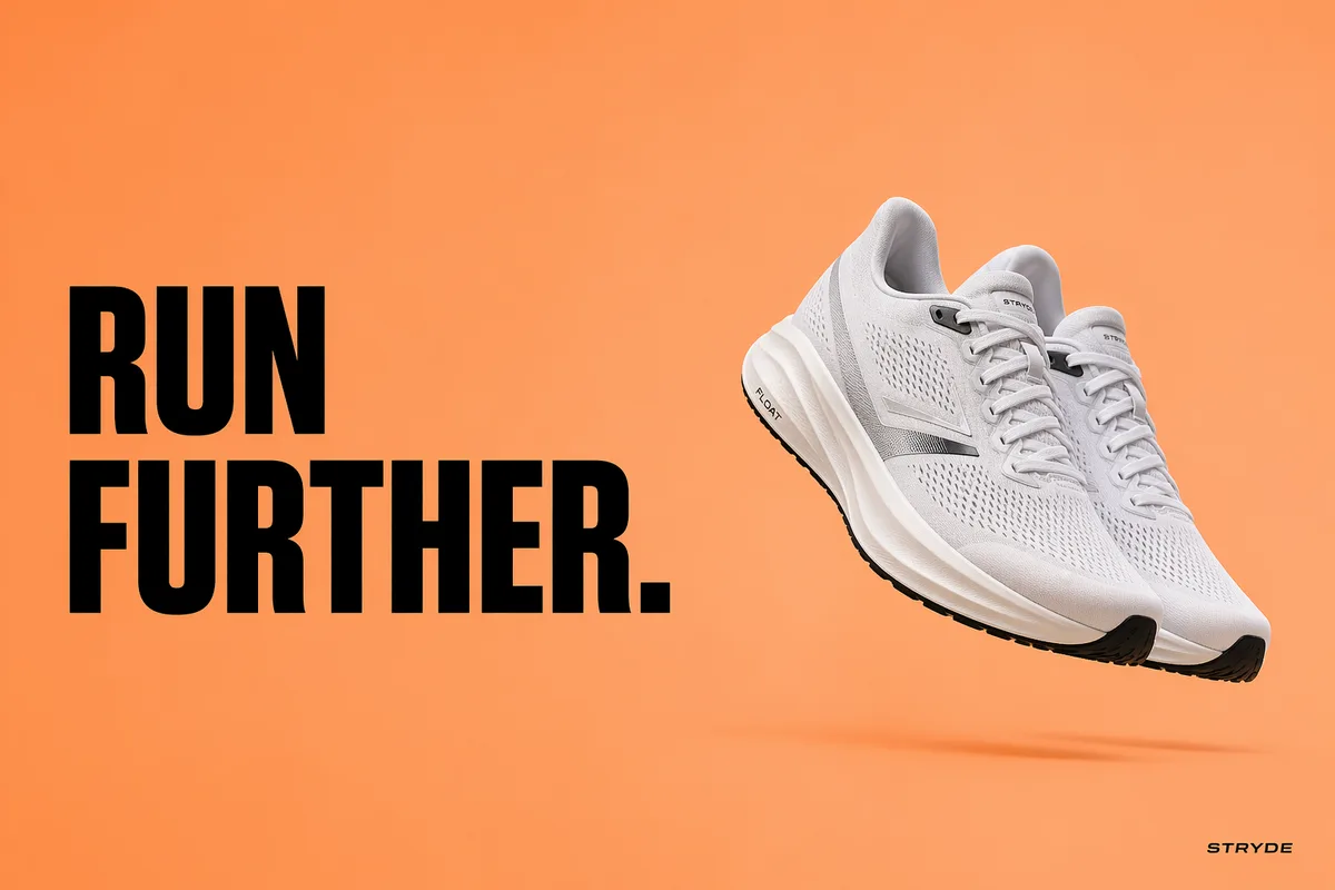 A premium North American flagship brand advertisement with a single hero subject perfectly lit on a clean seamless backdrop, expansive negative space, a confident bold sans-serif tagline set large on one side, soft gradient or solid color background, commercial-grade studio lighting, magazine double-spread print quality, aspirational and understated. A single pair of white running sneakers floating against a bright pastel orange background, tagline 'RUN FURTHER.' in huge black sans-serif, tiny generic wordmark in the corner.
