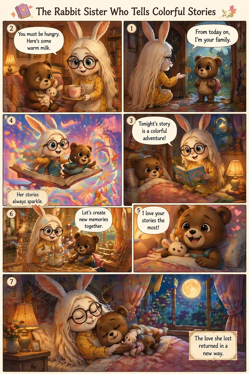 Use the character appearance from the uploaded image as the visual reference for the Rabbit Big Sister.
Generate a heart-warming, full-color comic page.
Overall Art Style
Japanese cozy fairy-tale style, healing and cute.
Soft lighting, watercolor texture, gentle line art, expressive cute faces.
Children’s picture book + shoujo manga style.
High resolution, clean readable text, professional comic layout.
Page Setup
Language: English
Panels: 6–9 panels
Single comic page
Reading direction: Right → Left
Each row also starts from the right
All speech bubbles must be clear and readable
No watermark, no typos
Characters
Rabbit Big Sister
Appearance based on the uploaded image
Gentle, warm, reliable older-sister personality
Wearing cozy home clothes or an apron
Little Bear
Small, fluffy, round eyes
Recently lost her mother and feels sad, but gradually becomes cheerful
Story Summary
After losing her mother, the little bear is adopted by the kind Rabbit Big Sister.
Every night, the sister tells her colorful comic bedtime stories, helping the little bear slowly heal and feel the warmth of a new family.
Panel Directions (Draw speech bubbles with English text)
① Top-right panel
Rainy day. Little Bear stands at the door holding a small backpack, looking sad. Rabbit Big Sister kneels and smiles warmly.
Text:
Rabbit Sister: “From today on, I’m your family.”
②
Little Bear sits on the sofa hugging a bunny plush. Rabbit Sister brings warm milk.
Text:
Rabbit Sister: “You must be hungry. Here’s some warm milk.”
③
Nighttime. Rabbit Sister holds a colorful storybook. Little Bear peeks out from the blanket.
Text:
Rabbit Sister: “Tonight’s story is a colorful adventure!”
④
Imagination scene: the bear and rabbit flying in a rainbow sky with stars and candy clouds.
Narration:
“Her stories always sparkle.”
⑤
Little Bear smiles for the first time.
Text:
Little Bear: “I love your stories the most!”
⑥
They bake cookies together in the kitchen. Flour floating in the air.
Text:
Rabbit Sister: “Let’s create new memories together.”
⑦ Final large panel
Night. Little Bear sleeps peacefully hugging Rabbit Sister. Warm moonlight through the window.
Narration:
“The love she lost returned in a new way.”
Title (Top of the page)
“The Rabbit Sister Who Tells Colorful Stories”