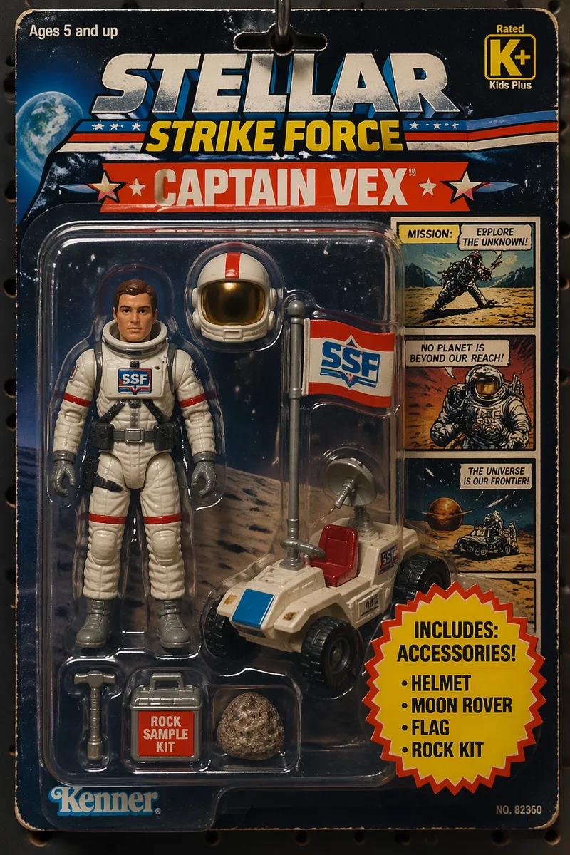 A vintage 1980s mint-in-box collector action figure on a retail peg, clear plastic blister pack sealed to a colorful printed cardboard backer in the Kenner Star Wars / G.I. Joe / Masters of the Universe style, a bold character name banner across the top, small comic-panel art on the backer behind the figure, an 'Includes: accessories' badge listing three to four props laid out next to the figure inside the blister, rating badge in the corner, aged 80s print graphics with slight paper wear, hyperreal commercial product photography. An astronaut explorer figure with removable helmet, moon-rover vehicle, flag, and rock-sampling kit, banner 'STELLAR STRIKE FORCE — Captain Vex', rated K+.