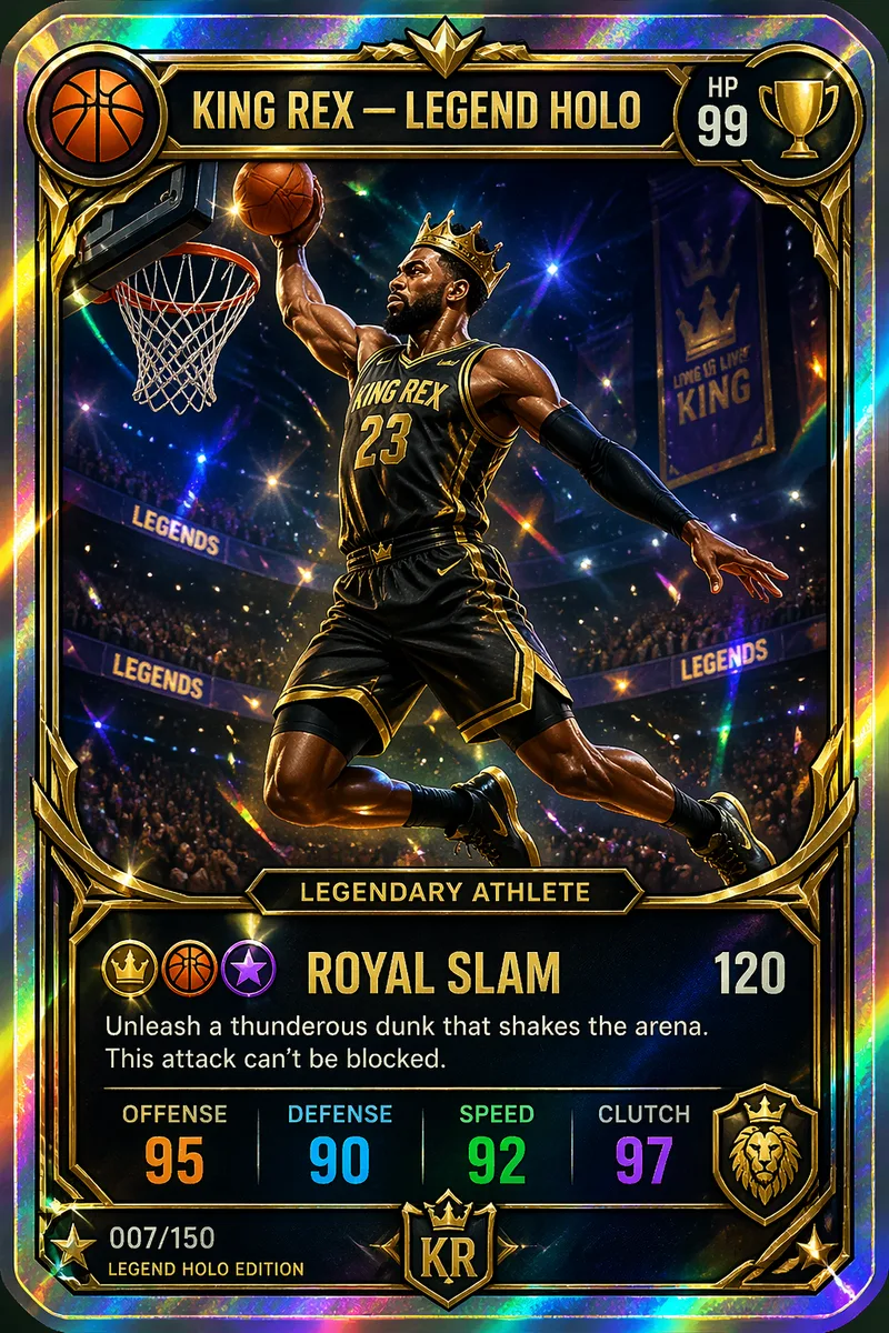 A premium holographic collector trading card in the style of Pokemon or Magic: The Gathering, featuring a full-body hero portrait framed inside an ornate card border with rainbow foil finish. Card name banner at the top in bold typography, HP or rarity symbol in the top-right, stat block and attack name in the lower panel, card number and edition mark in the bottom-left corner. Gloss, subtle holo rainbow glints across the surface, mint-condition collector aesthetic, centered pack-fresh composition. A confident basketball athlete mid-slam-dunk pose, name banner 'KING REX — LEGEND HOLO', basketball and trophy symbols, card number 007/150.