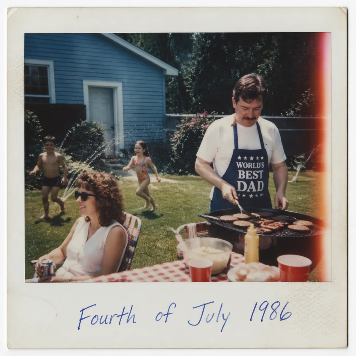A hyperreal 1980s Americana Polaroid photograph, authentic white Polaroid frame with a wider bottom border, candid everyday scene, dated film color palette with slight red cast and cyan highlights, visible film grain, a gentle light leak on one edge, soft on-camera flash, handwritten caption in blue ballpoint pen on the bottom border, slight dog-ears and fingerprint wear, analog imperfection, deeply nostalgic. A family of four at a suburban backyard BBQ, dad in a 'World's Best Dad' apron grilling, kids running through sprinklers, caption 'Fourth of July 1986'.
