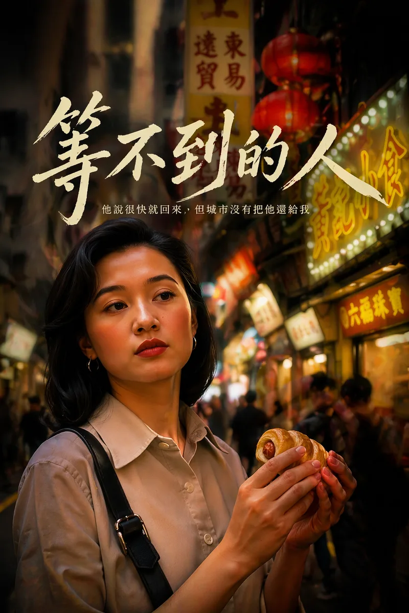 參考上傳圖片給我真人漫畫封面,提示詞如真人電影感漫畫封面,一位年輕亞洲女性站在香港狹窄街道中,手中拿著熱狗麵包,神情落寞微微失神,背景是模糊的霓虹招牌與人群流動,夜晚暖色光影,標題位置留白,整體氛圍淒美、孤獨、帶一點希望破碎感,電影級光影,淺景深,封面構圖精緻
標題(放畫面):
《等不到的人》
副標:
「他說很快就回來,但城市沒有把他還給我」