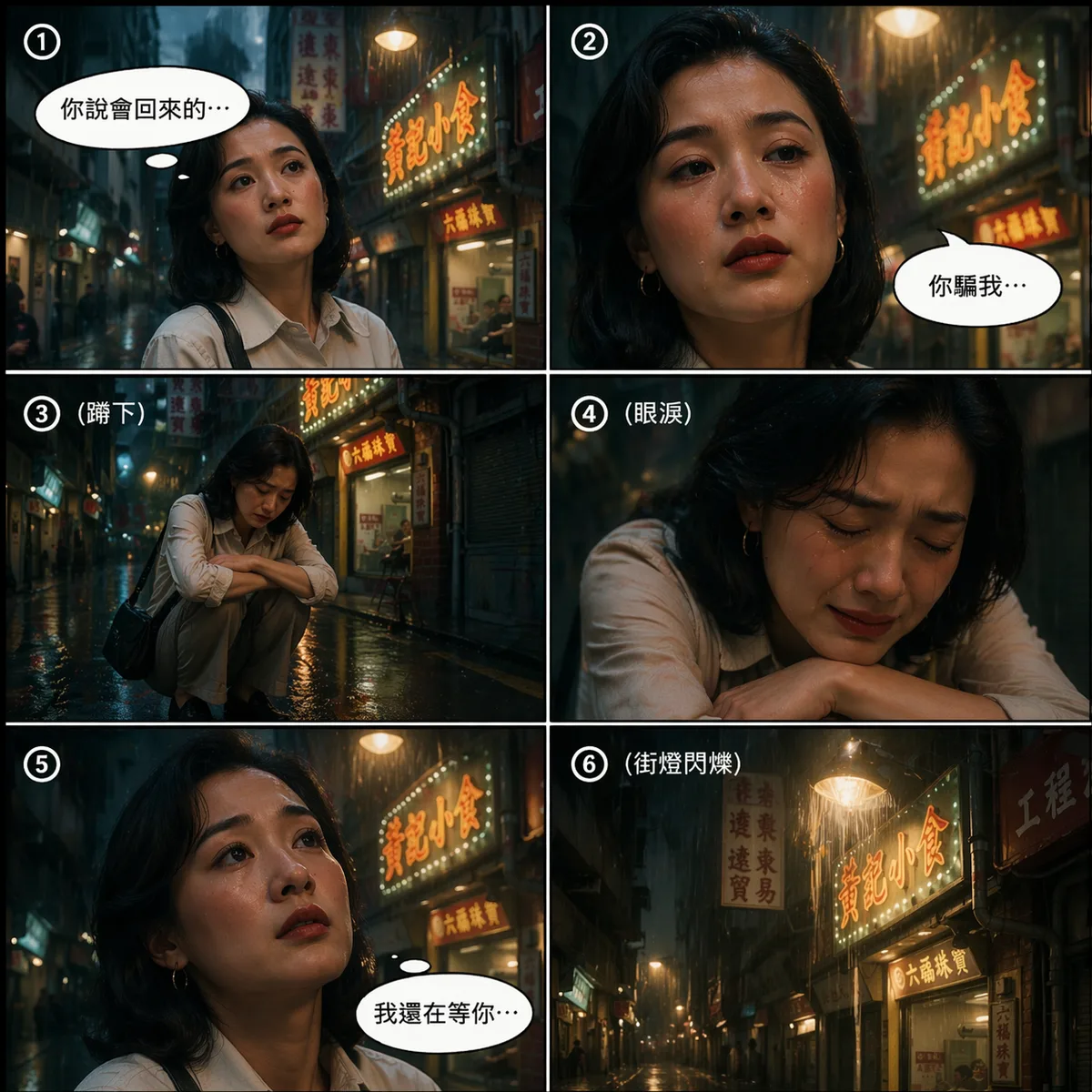 人物如同上傳人物給我真人漫畫,提示詞如(崩潰)
對白:
1️⃣「你說會回來的…」
2️⃣「你騙我…」
3️⃣(蹲下)
4️⃣(眼淚)
5️⃣「我還在等你…」
6️⃣(街燈閃爍)