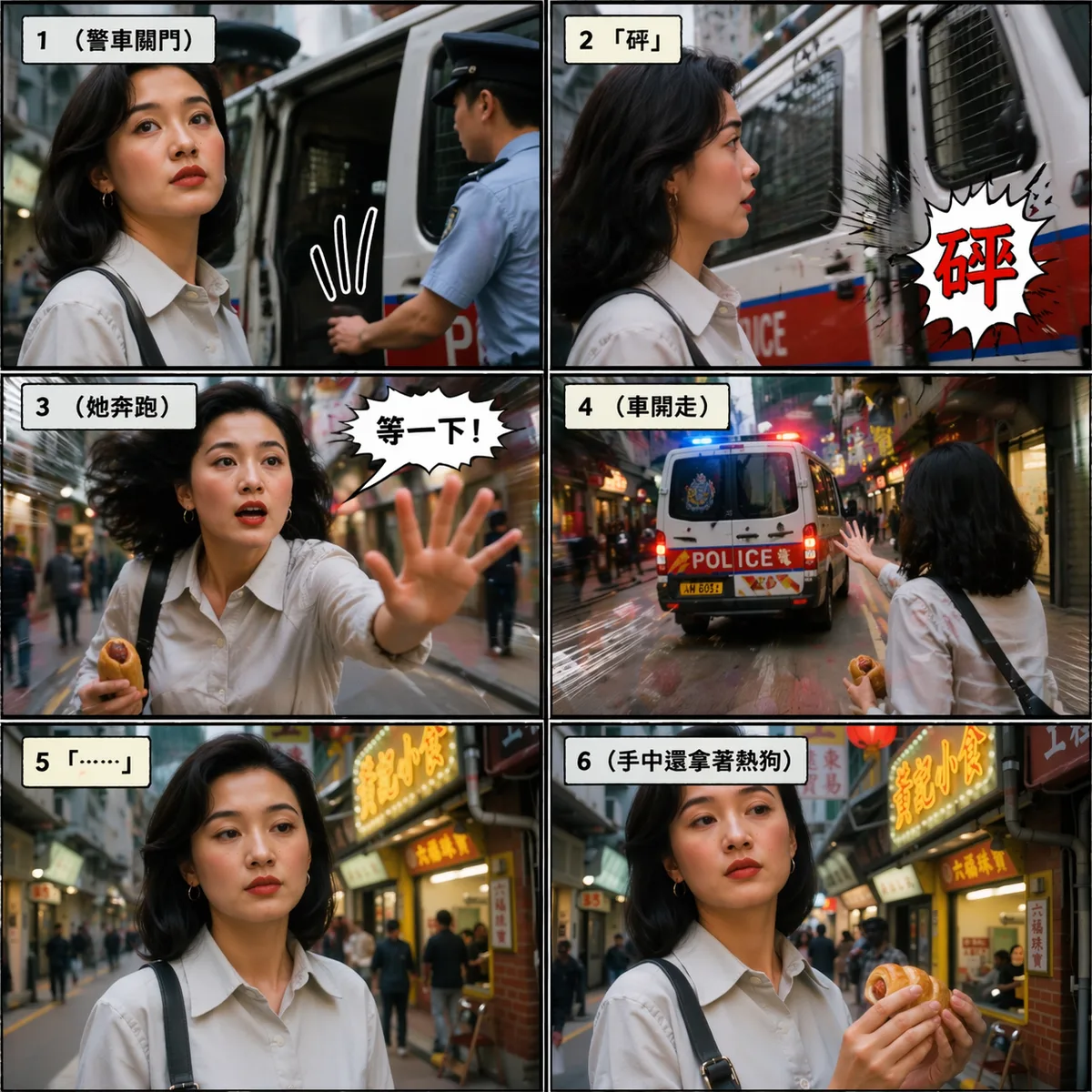 人物如同上傳人物給我真人漫畫,提示詞如(失去)
對白:
1️⃣(警車關門)
2️⃣「砰」
3️⃣(她奔跑)「等一下!」
4️⃣(車開走)
5️⃣「……」
6️⃣(手中還拿著熱狗)