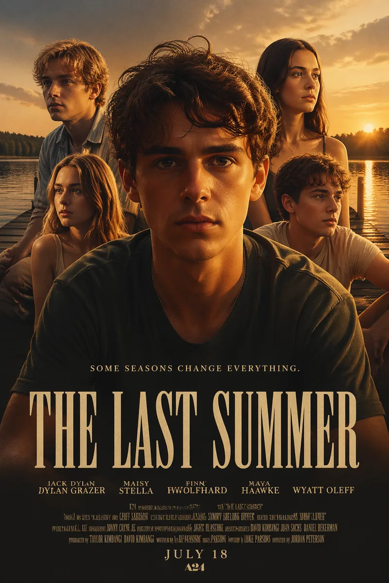 A cinematic Hollywood ensemble movie poster in the style of A24 or Christopher Nolan, with strong hierarchical character composition: the lead figure front and center, largest, direct gaze; supporting cast arranged in a dramatic pyramid behind them at smaller scale; moody color grading, dramatic rim lighting, film grain, bold condensed serif title at the bottom, tagline above it, cast block and release date in small caps at the very bottom. Theatrical one-sheet aspect, print-sharp typography. A prestige coming-of-age drama titled 'THE LAST SUMMER', five young leads on a lake dock at golden hour, warm nostalgic palette.