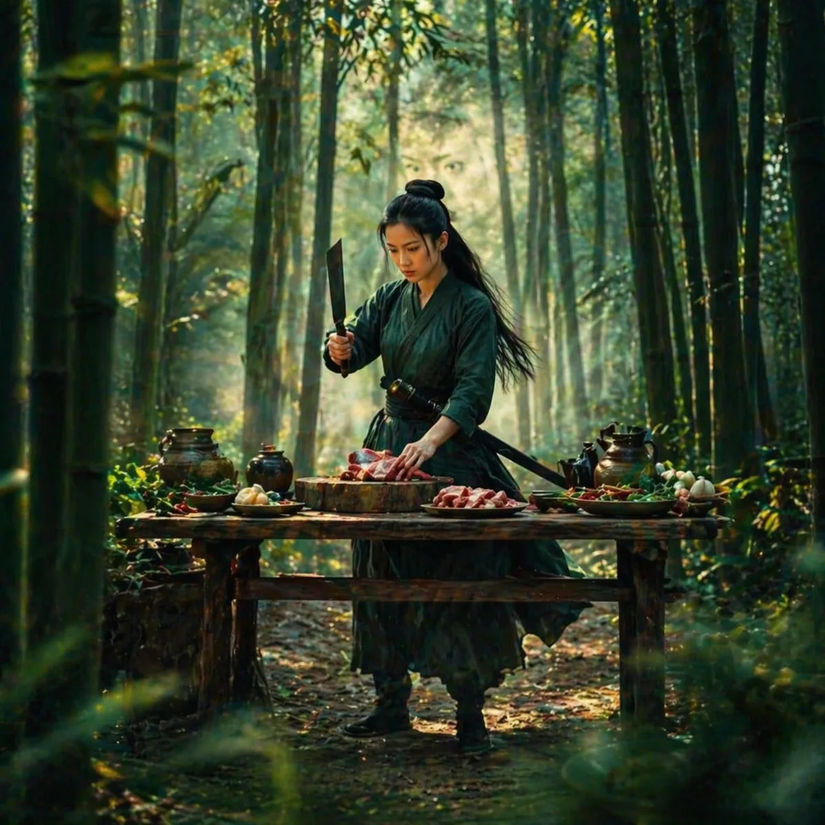 Based on the uploaded photo, cinematic wide shot of the same woman preparing food in a bamboo forest,
full body visible, standing behind a rustic wooden table,
holding a large chinese cleaver above a round wooden chopping block,
fresh pork on the cutting board, vegetables, herbs and ceramic jars on the table,
soft morning mist drifting through tall bamboo trees,
sun rays piercing through leaves, floating dust particles in the air,
long black hair and green robe gently flowing in the wind,
foreground leaves slightly blurred, depth layering,
cinematic film still, ultra realistic, 8k, shallow depth of field,
shot on ARRI Alexa, anamorphic lens, dramatic lighting