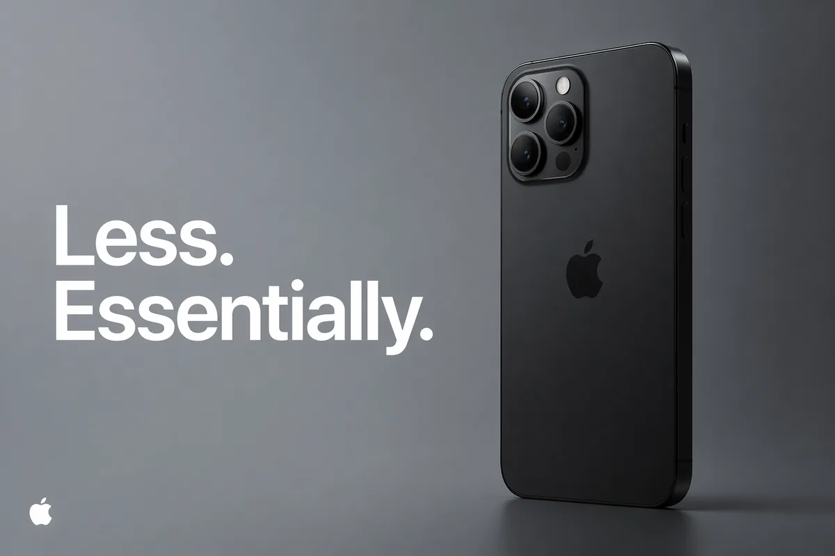 A premium North American flagship brand advertisement with a single hero subject perfectly lit on a clean seamless backdrop, expansive negative space, a confident bold sans-serif tagline set large on one side, soft gradient or solid color background, commercial-grade studio lighting, magazine double-spread print quality, aspirational and understated. A single matte-black aluminum smartphone on a soft grey gradient backdrop, tagline 'Less. Essentially.' in white sans-serif, micro wordmark in corner.