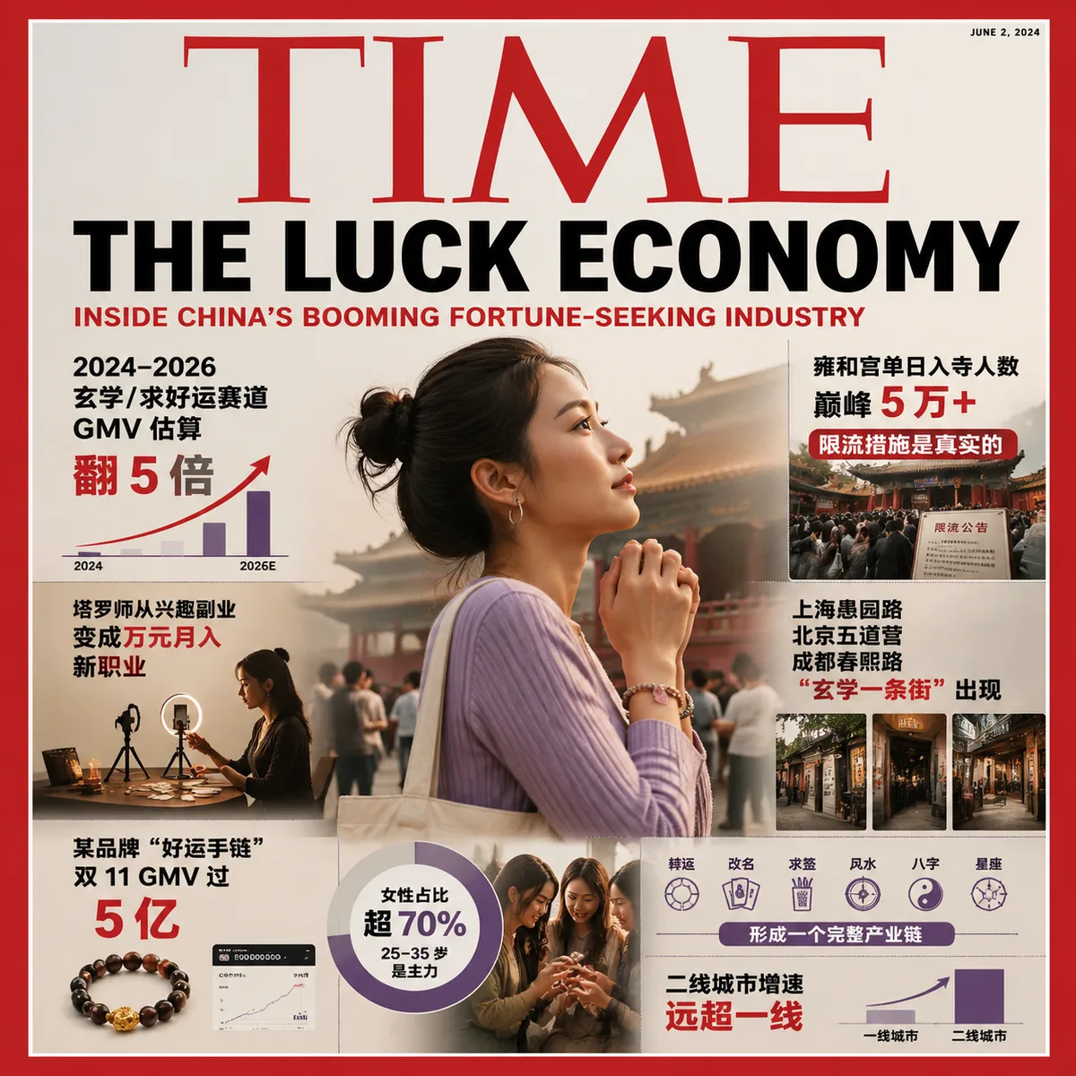 用杂志封面:《Time》风格表达下面的真实事实:
2024–2026 年间,中国"年轻人玄学/求好运"赛道 GMV 估算翻 5 倍
雍和宫单日入寺人数巅峰 5 万+,限流措施是真实的
塔罗师从兴趣副业变成万元月入新职业
上海愚园路、北京五道营、成都春熙路出现"玄学一条街"
某品牌"好运手链"双 11 GMV 过 5 亿
转运、改名、塔罗、求签、风水、八字、星座——形成一个完整产业链
同时女性占比超 70%,25–35 岁是主力
二线城市增速远超一线