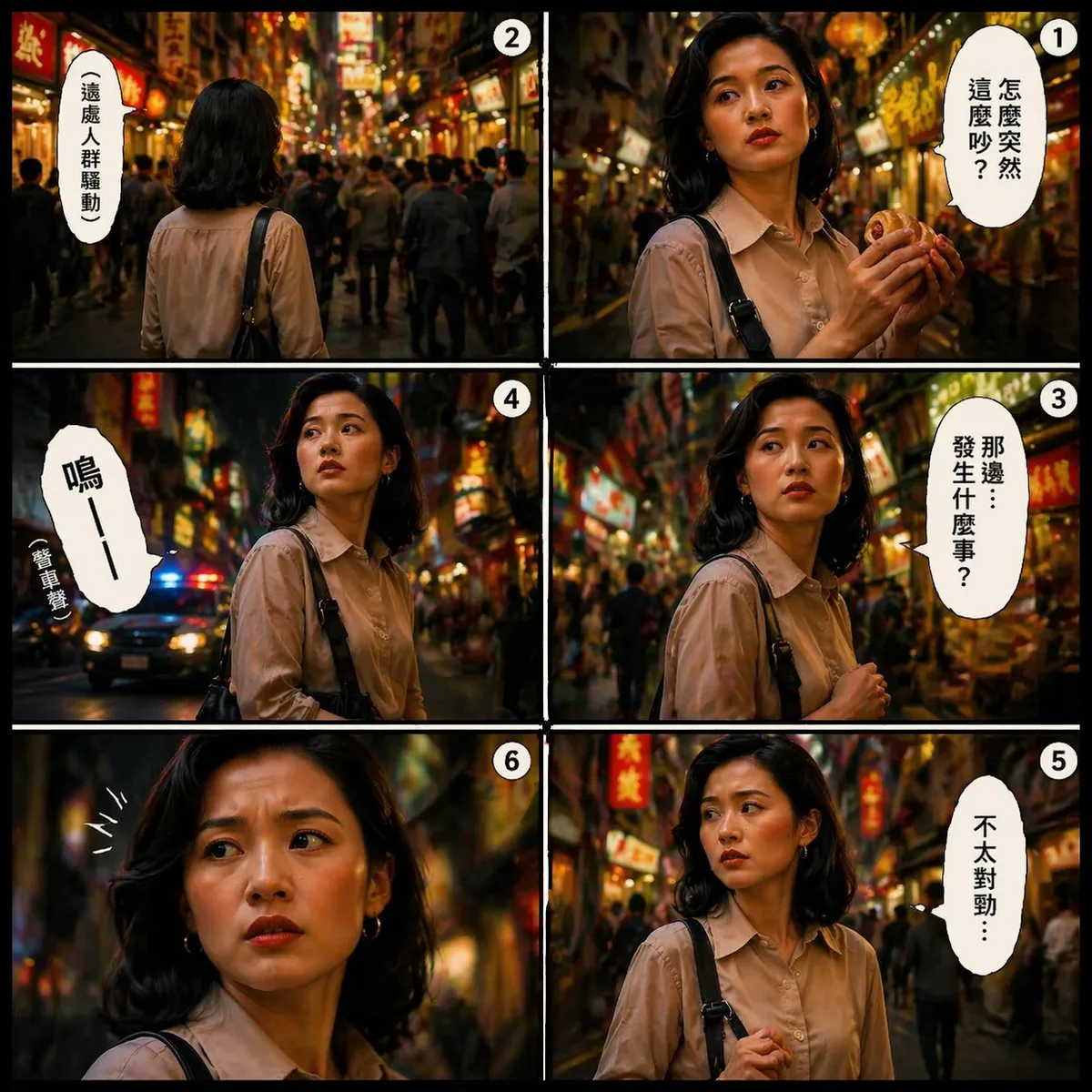 參考上傳圖片人物長相服裝,此頁只有女主角一人為主角,每張 6–9 格,右→左閱讀,人物不一定要特寫,有全身 側面 背面,提示詞(異樣)
對白:
1️⃣「怎麼突然這麼吵?」
2️⃣(遠處人群騷動)
3️⃣「那邊…發生什麼事?」
4️⃣(警車聲)「嗚——」
5️⃣「不太對勁…」
6️⃣(表情變緊張)