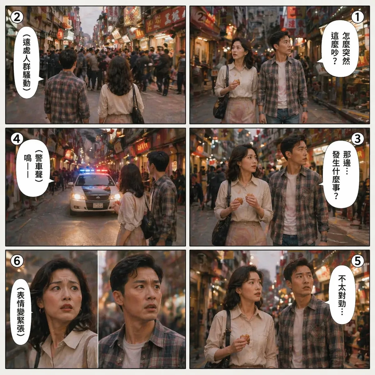 餐少上傳圖片男女人物長相服裝,每張 6–9 格,右→左閱讀,人物不一定要特寫,有全身 側面 背面,提示詞如(異樣)
對白:
1️⃣「怎麼突然這麼吵?」
2️⃣(遠處人群騷動)
3️⃣「那邊…發生什麼事?」
4️⃣(警車聲)「嗚——」
5️⃣「不太對勁…」
6️⃣(表情變緊張)