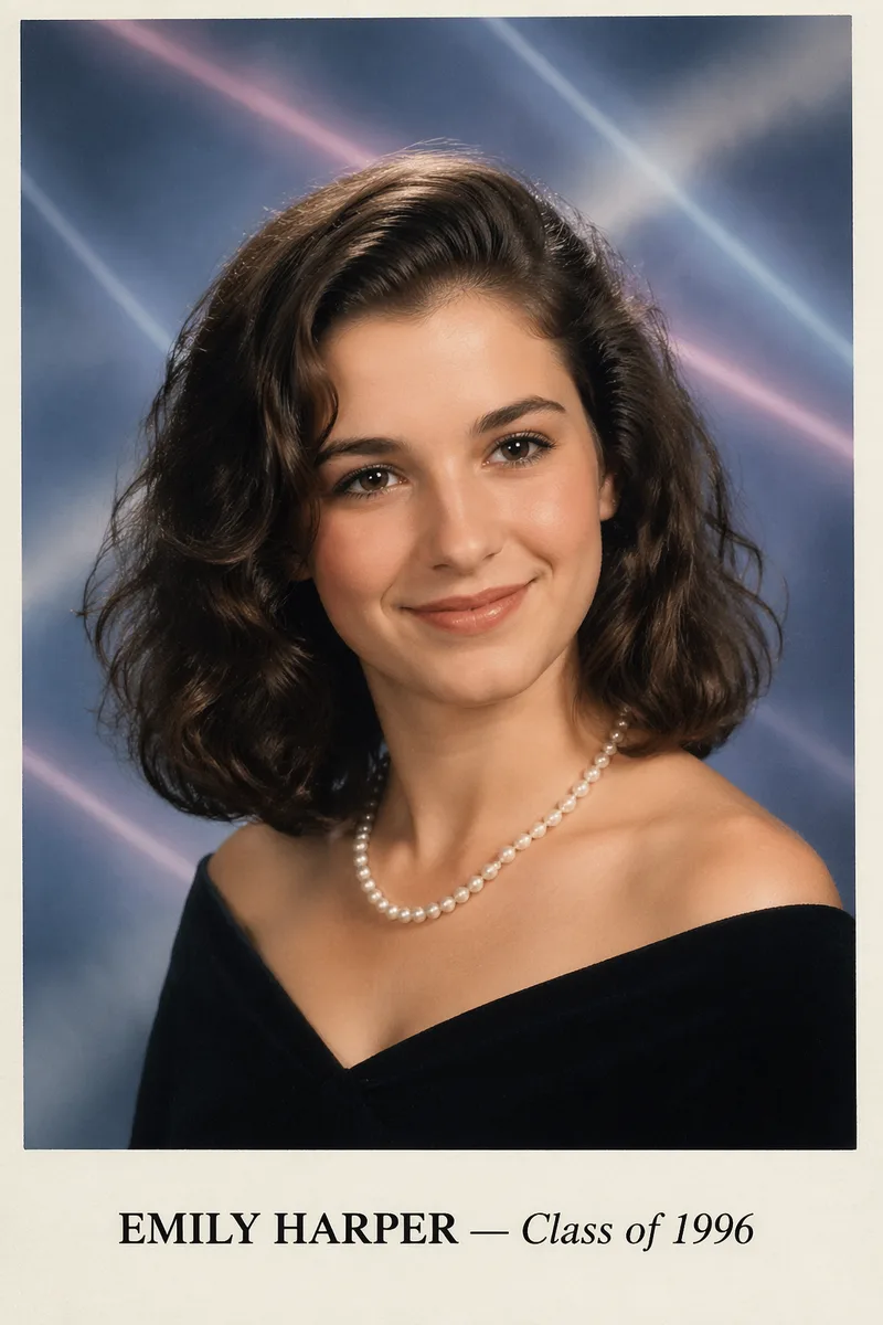 A classic 1990s American high-school senior yearbook portrait, bust framing, studio strobe flash with a soft key light from above-left, head slightly turned toward camera with a subtle closed-mouth smile, dreamy airbrushed cloudy blue and grey laser-beam gradient backdrop behind, slightly faded matte photo-paper quality, a printed name in serif font below the portrait, period-accurate wardrobe and hairstyling. A cheerful 18-year-old with shoulder-length wavy brunette hair, pearl necklace, warm smile, name below: 'EMILY HARPER — Class of 1996'.