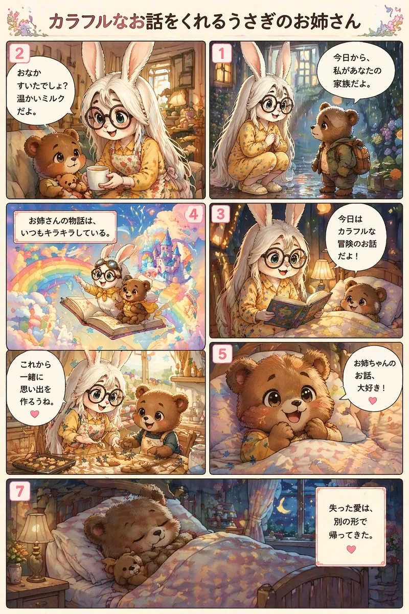 アップロードされた画像の人物の外見をうさぎのお姉さんのデザイン参考として使用し、
心温まるフルカラー漫画の1ページを生成してください。
全体の画風
日本の癒し系童話スタイル。
やわらかい光、水彩風、やさしい線、かわいい表情。
児童絵本+少女漫画のミックス。
高解像度、文字ははっきり読める、完成された漫画レイアウト。
ページ設定
言語:日本語
コマ数:6〜9コマ
1ページ漫画
右→左に読む
各行も右から開始
すべての吹き出し文字を明確に表示
透かし・誤字なし
キャラクター設定
うさぎのお姉さん
外見:アップロード画像の人物を参考
優しくて明るく頼れる性格
あたたかい部屋着やエプロン
こぐま
小さくてふわふわ、丸い目
お母さんを亡くして寂しいが、少しずつ元気になる
ストーリー概要
お母さんを亡くしたこぐまは、優しいうさぎのお姉さんに引き取られる。
毎晩お姉さんが「カラフルな漫画のお話」を聞かせ、
こぐまは少しずつ心を開き、家族の温かさを取り戻していく。
コマ割り(日本語の吹き出しを描く)
① 右上コマ
雨の日、リュックを抱えたこぐま。うさぎのお姉さんがしゃがんで微笑む。
セリフ:
うさぎのお姉さん「今日から、私があなたの家族だよ。」
②
ソファでぬいぐるみを抱くこぐま。温かいミルクを差し出すお姉さん。
セリフ:
「おなかすいたでしょ?温かいミルクだよ。」
③
夜、カラフルな絵本を持つお姉さん。布団から顔を出すこぐま。
セリフ:
「今日はカラフルな冒険のお話だよ!」
④
想像シーン:虹の空で冒険する2人。星とキャンディの雲。
ナレーション:
「お姉さんの物語は、いつもキラキラしている。」
⑤
初めて笑顔になるこぐま。
セリフ:
こぐま「お姉ちゃんのお話、大好き!」
⑥
キッチンで一緒にクッキー作り。小麦粉が舞う。
セリフ:
「これから一緒に思い出を作ろうね。」
⑦ 最後の大コマ
夜、安心して眠るこぐま。月明かりの窓。
ナレーション:
「失った愛は、別の形で帰ってきた。」
タイトル(ページ上部)
「カラフルなお話をくれるうさぎのお姉さん」