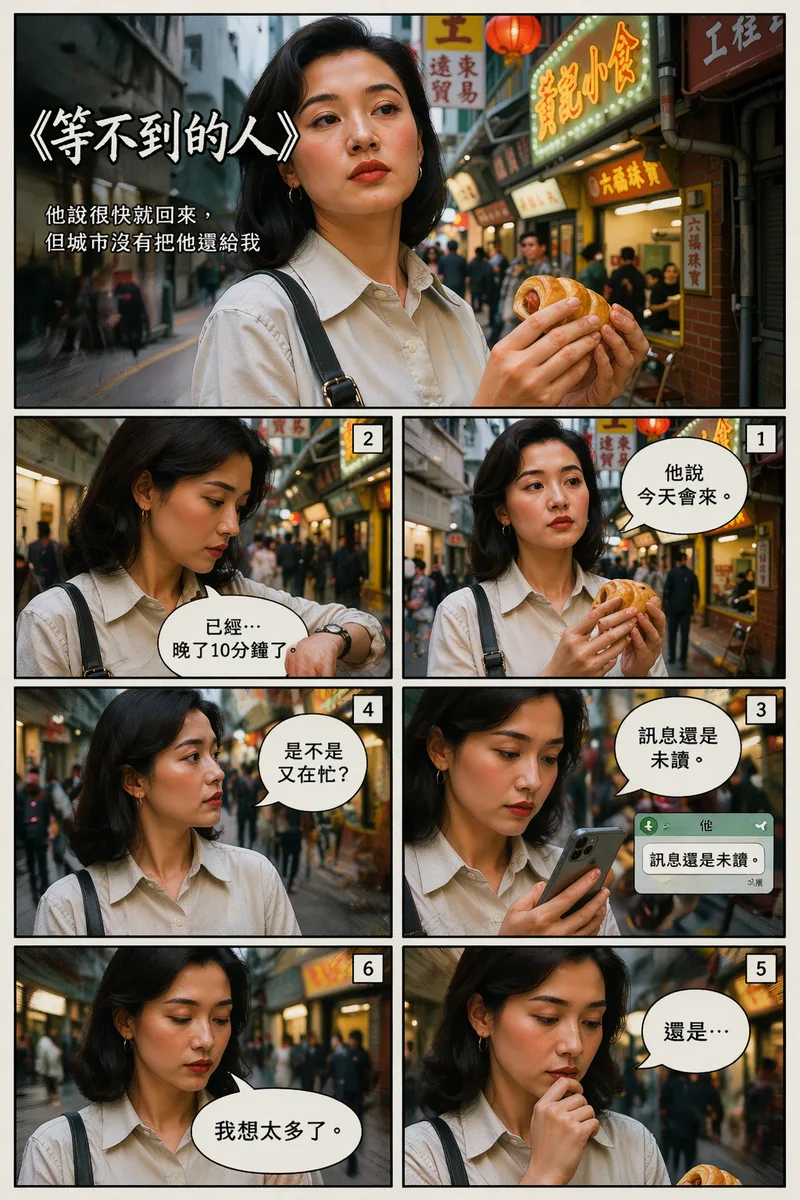 參考上傳圖片給我真人漫畫第一頁,提示詞如對白(每格)
1️⃣(右上)
「他說今天會來。」
2️⃣
「已經…晚了10分鐘了。」
3️⃣
(看手機)「訊息還是未讀。」
4️⃣
「是不是又在忙?」
5️⃣
「還是…」
6️⃣(左下)
「我想太多了。」,真人漫畫6–9格,右至左閱讀
標題(放畫面):
《等不到的人》
副標:
「他說很快就回來,但城市沒有把他還給我」