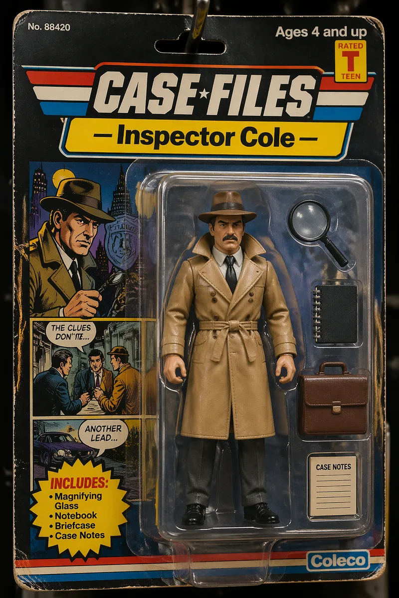 A vintage 1980s mint-in-box collector action figure on a retail peg, clear plastic blister pack sealed to a colorful printed cardboard backer in the Kenner Star Wars / G.I. Joe / Masters of the Universe style, a bold character name banner across the top, small comic-panel art on the backer behind the figure, an 'Includes: accessories' badge listing three to four props laid out next to the figure inside the blister, rating badge in the corner, aged 80s print graphics with slight paper wear, hyperreal commercial product photography. A gritty detective figure in a trench coat, magnifying glass, notebook, and briefcase accessories, banner 'CASE FILES — Inspector Cole', rated T.