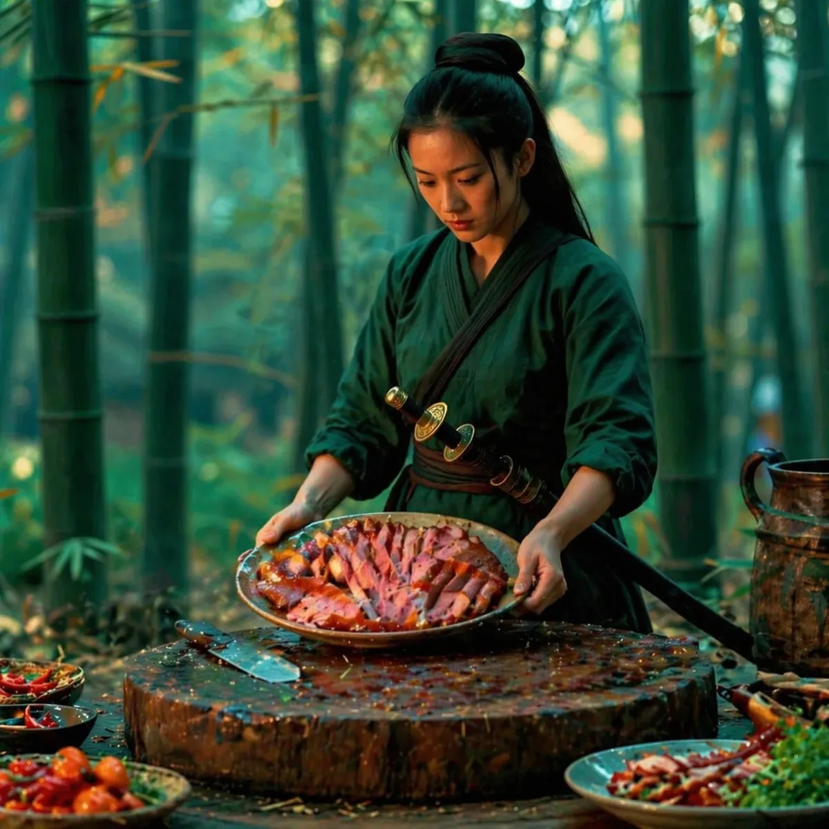 參考上傳圖片,生成一張女俠已經將豬肉切好裝在盤子中的圖片，場景要都一樣