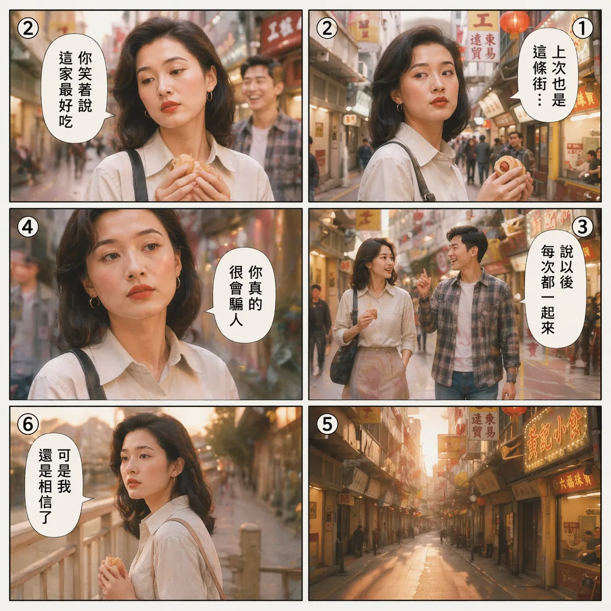 人物如同上傳人物給我真人漫畫,每張 6–9 格,右→左閱讀,人物不一定要特寫,可以有側面及全身,提示詞如柔光、回憶濾鏡
對白:
1️⃣「上次也是這條街…」
2️⃣「你笑著說這家最好吃」
3️⃣「說以後每次都一起來」
4️⃣「你真的很會騙人」
5️⃣(空景)
6️⃣「可是我還是相信了」