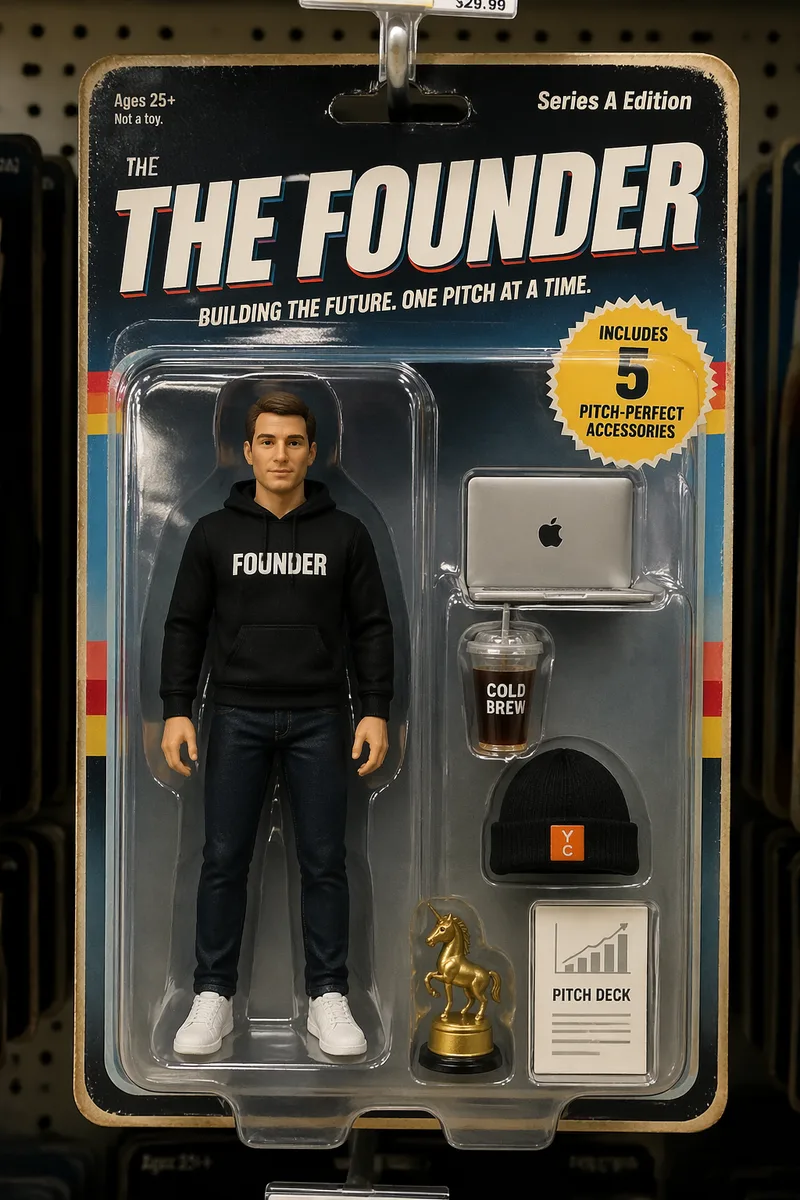 A mint-in-box collector action figure 'THE FOUNDER — Series A Edition' on a retail peg, a hoodied founder figure inside the blister with accessories laid out: a MacBook, a cold-brew cup, a YC beanie, a pitch deck, and a tiny golden unicorn trophy, bold character name banner across the top, 'Includes 5 pitch-perfect accessories' badge, aged 80s print graphics, hyperreal product photography.