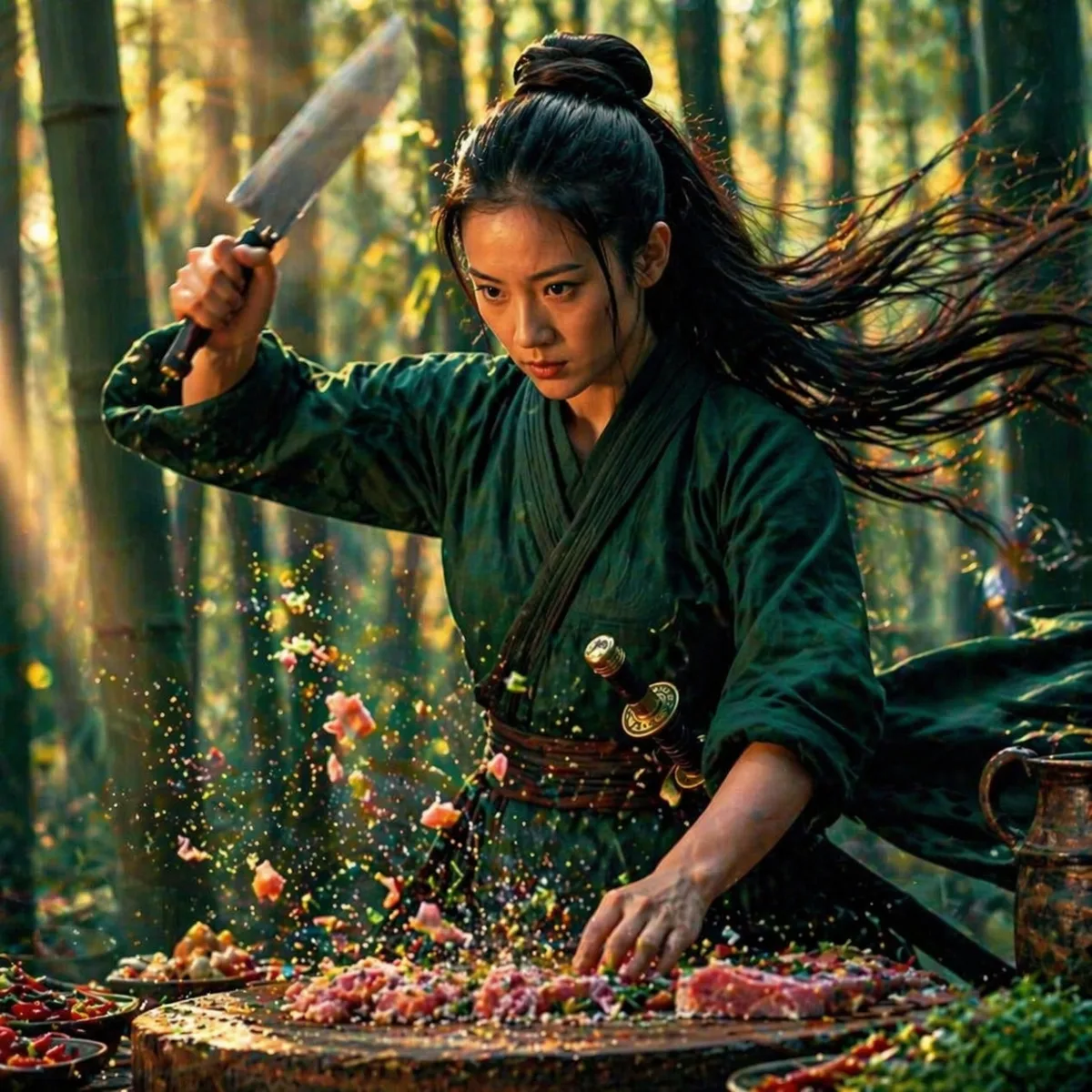Based on the uploaded photo, dynamic medium shot of the same woman performing fast cinematic cooking motion,
waist up view, lifting and bringing down a large chinese kitchen knife over a wooden chopping board,
small pieces of pork and herbs lifted into the air by the motion,
food particles and tiny droplets suspended in the air,
subtle motion blur on the knife to suggest speed,
hair flowing strongly and robe moving in the wind,
sunlight rays shining through bamboo forest,
dramatic cinematic lighting, shallow depth of field,
ultra realistic film still, cinematic cooking scene