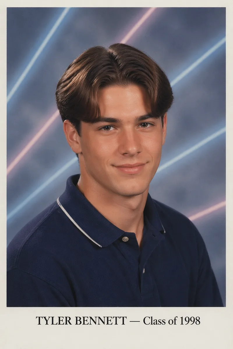 A classic 1990s American high-school senior yearbook portrait, bust framing, studio strobe flash with a soft key light from above-left, head slightly turned toward camera with a subtle closed-mouth smile, dreamy airbrushed cloudy blue and grey laser-beam gradient backdrop behind, slightly faded matte photo-paper quality, a printed name in serif font below the portrait, period-accurate wardrobe and hairstyling. A young man with a mid-90s curtain-parted hairstyle, polo shirt, confident half-smile, name below: 'TYLER BENNETT — Class of 1998'.