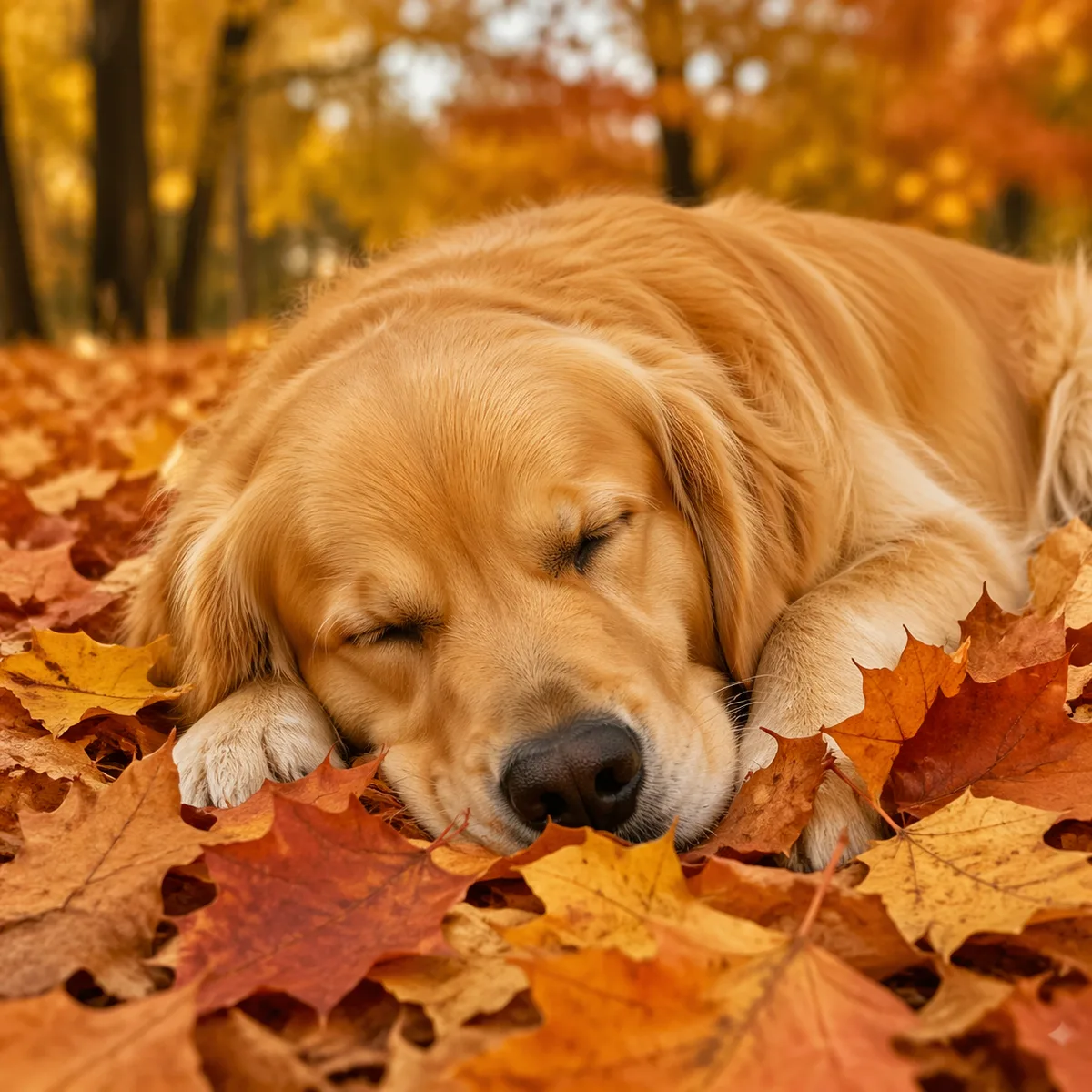 a sleeping golden retriever in autumn leaves