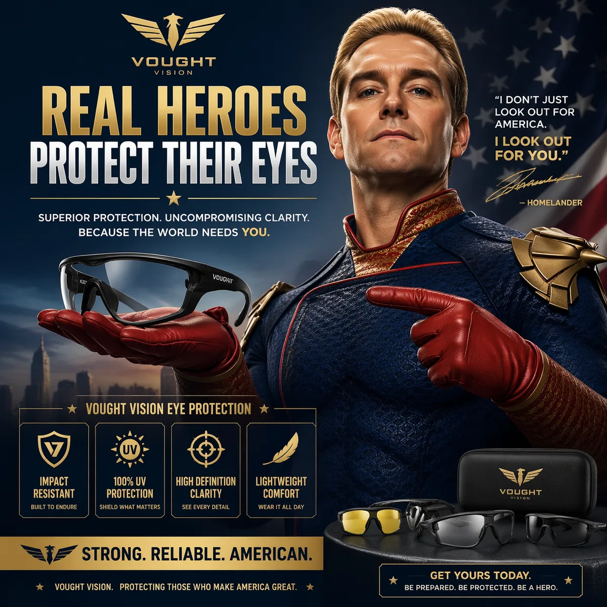 an fancy ads with homelander selling eye protection equipment
