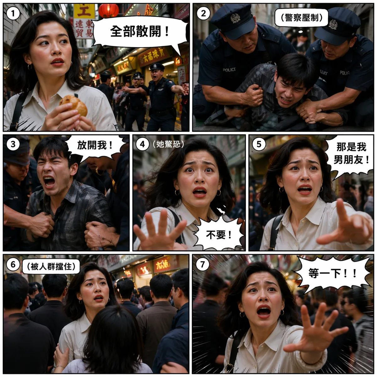 人物如同上傳人物給我真人漫畫,提示詞如(衝突)
對白:
1️⃣「全部散開!」
2️⃣(警察壓制)
3️⃣「放開我!」
4️⃣(她驚恐)「不要!」
5️⃣「那是我男朋友!」
6️⃣(被人群擋住)
7️⃣「等一下!!」