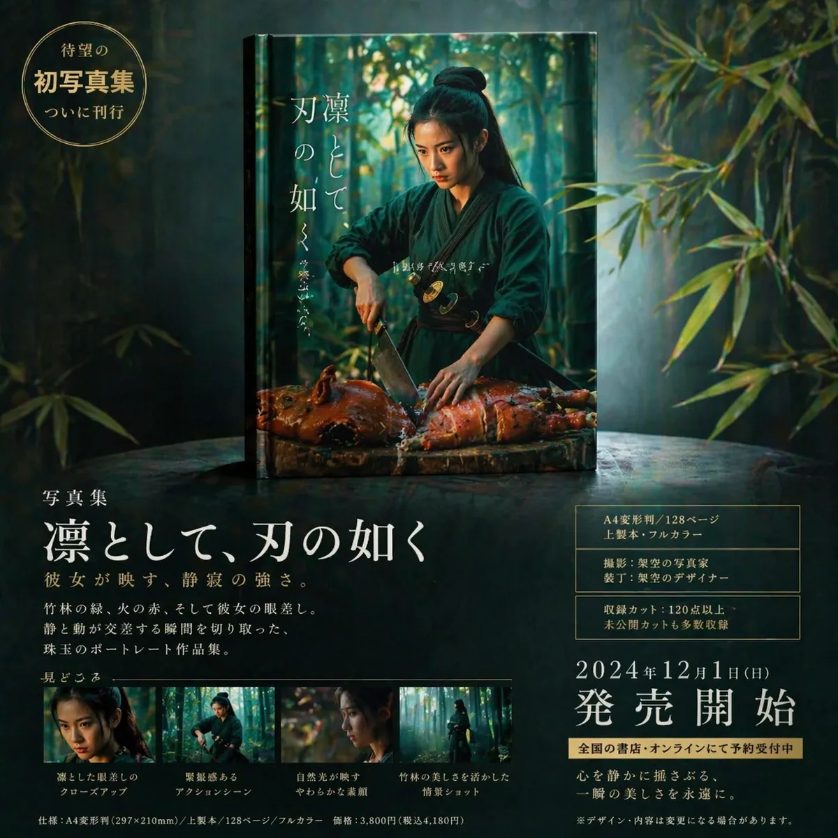 このキャラクターを使用して、プロのデザイナーが手掛けた写真集として制作してください。
全体構成は「一枚のポスター」のようなデザインとする。
上部には、一冊の完成した書籍が垂直に立てられた状態で、正面視点から見えるように配置すること。
書籍は水平に寝かせず、表紙がしっかり見えるように立てた状態で、実在感のある物体として描写すること。
下部には、その写真集の紹介テキストをレイアウトし、デザイン性と読みやすさを両立させること。
全体として情報量は多めにし、雑誌・アートブックのような完成度の高い構成にすること。
言語は日本語。
実在のブランドロゴ・会社名・人名などは一切使用せず、完全オリジナルとすること。
最終仕上げ時に、実在の要素が含まれていないか必ず確認すること。
