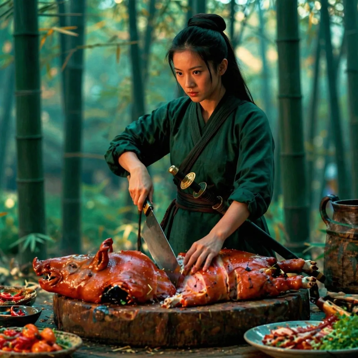 參考上傳圖片生成這位女俠切豬肉的圖片,要給seedance 2.0生成影片第一幀使用