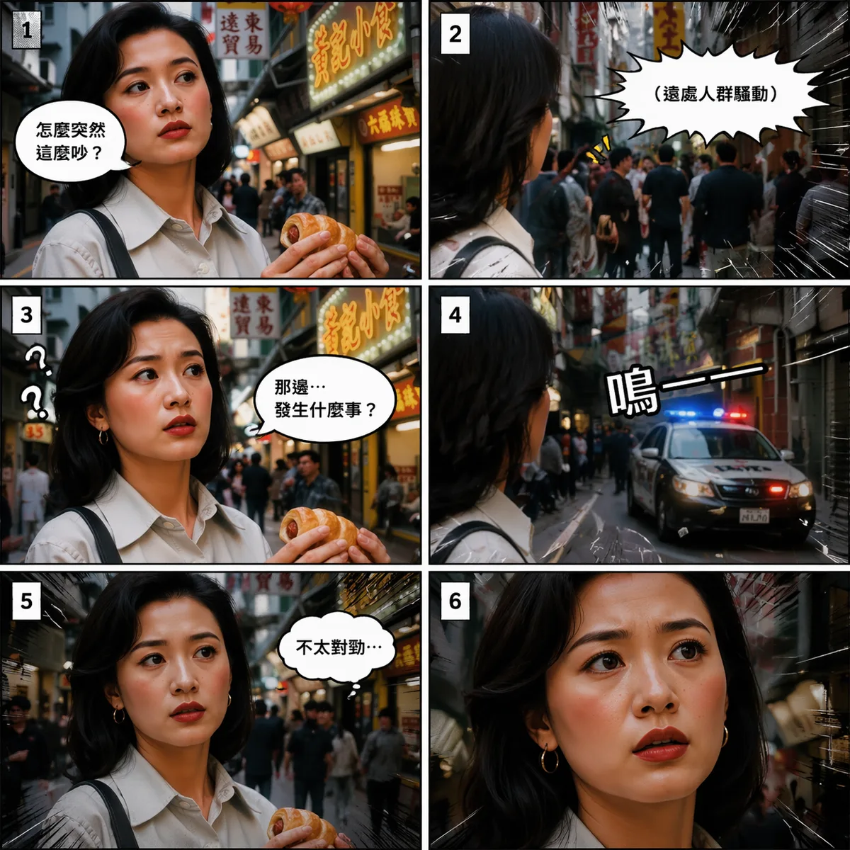 人物如同上傳人物給我真人漫畫,提示詞如(異樣)
對白:
1️⃣「怎麼突然這麼吵?」
2️⃣(遠處人群騷動)
3️⃣「那邊…發生什麼事?」
4️⃣(警車聲)「嗚——」
5️⃣「不太對勁…」
6️⃣(表情變緊張)